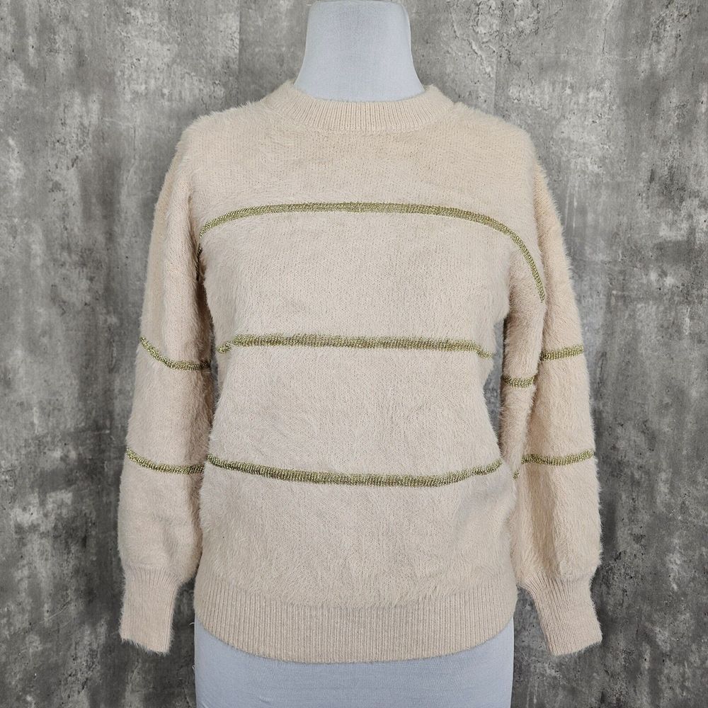Allison New York Womens M Pink Fuzzy Sweater Gold Striped Chic‎ Super Soft NEW